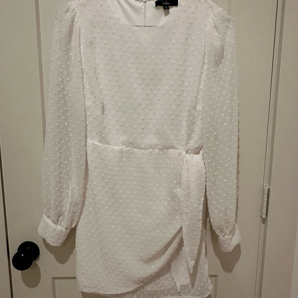 Lulus White Swiss Dot Long Sleeve Tie-Front Mini Dress - Picture 8 of 9